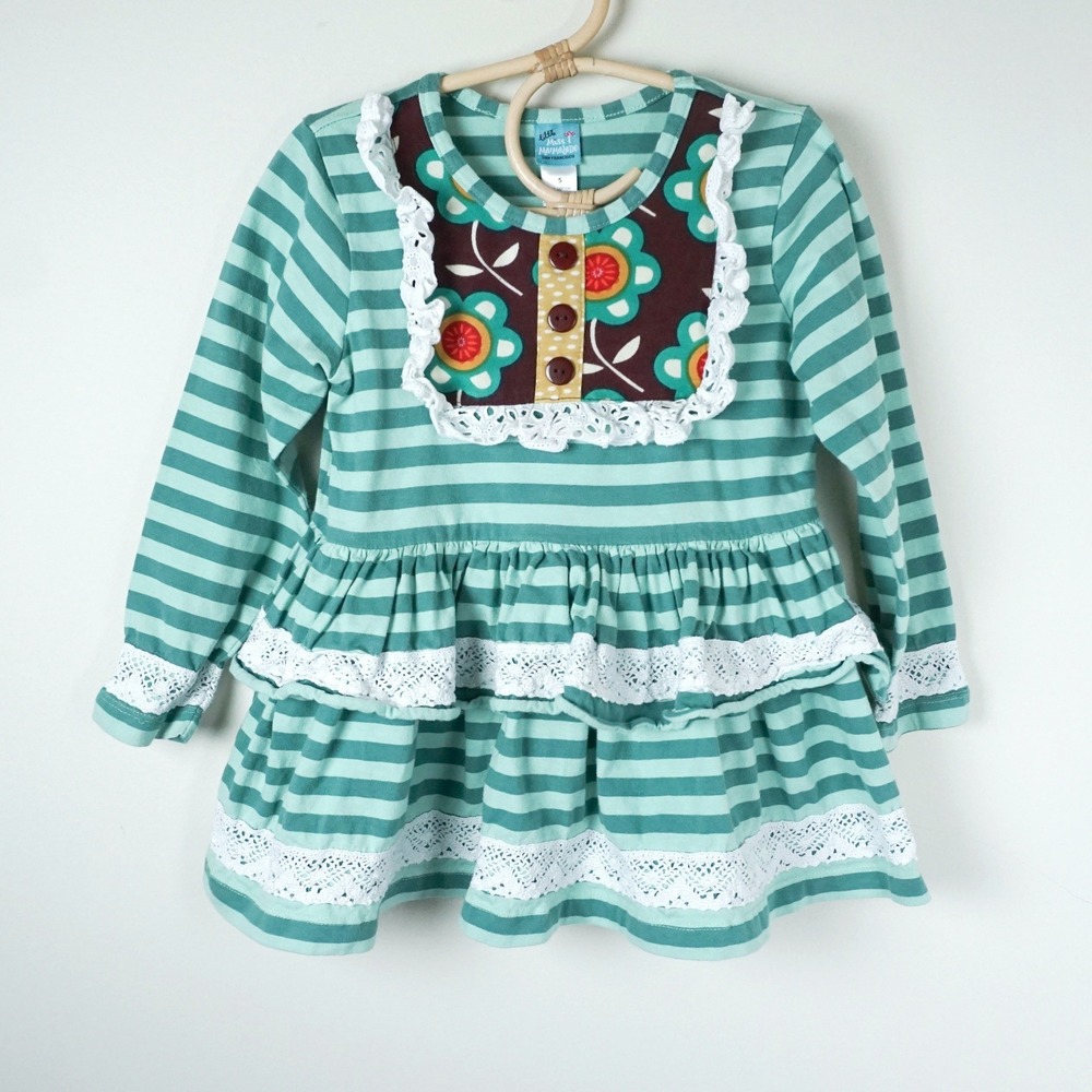 Little Miss Marmalade Tunic Dress Girls 5 Teal Striped Floral Lace Ruffle‎